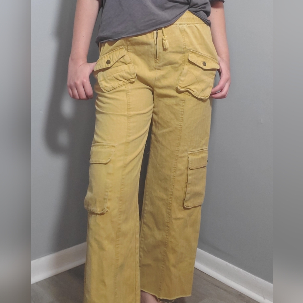 Ya Burches Womens Cargo Pants, Boutique Yellow Wash 100% Cotton Womens Pants